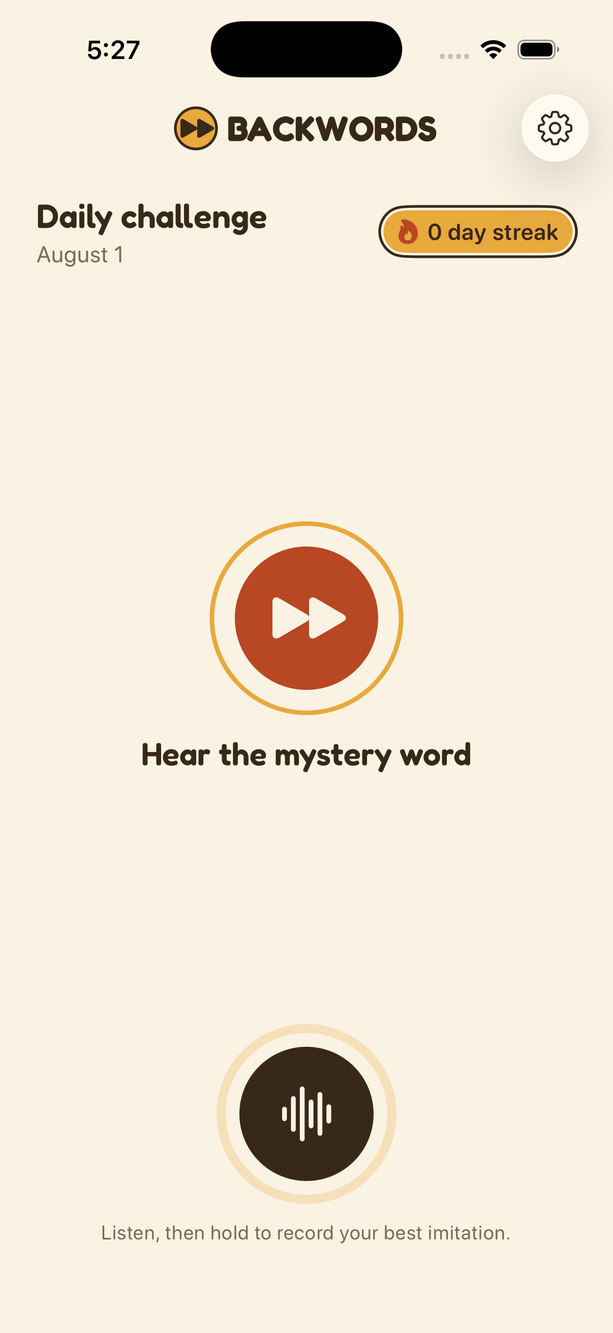 Backwords daily challenge showing a mystery-word listen button and recording control